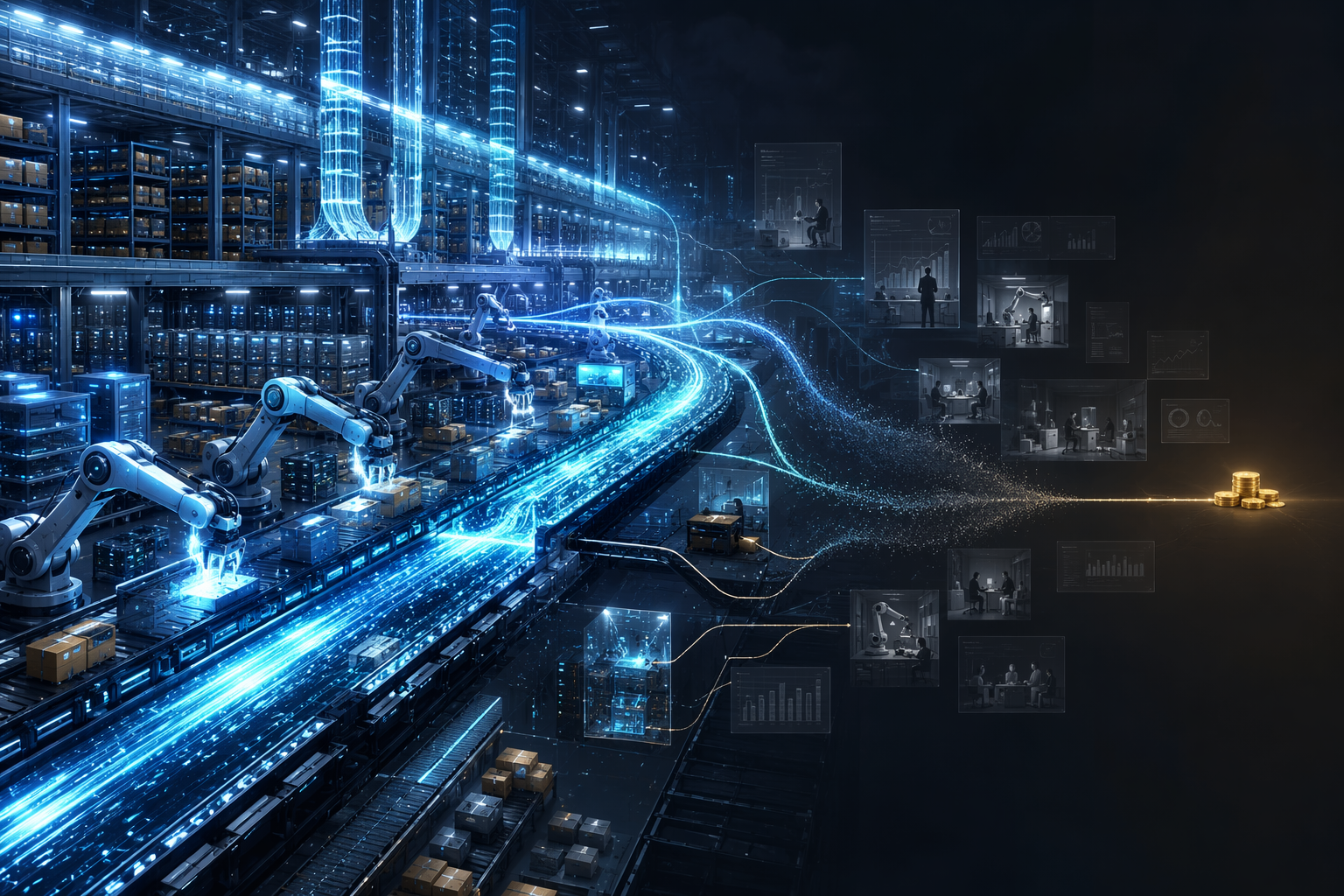 Futuristic supply chain AI network showing large investment flows turning into limited measurable returns