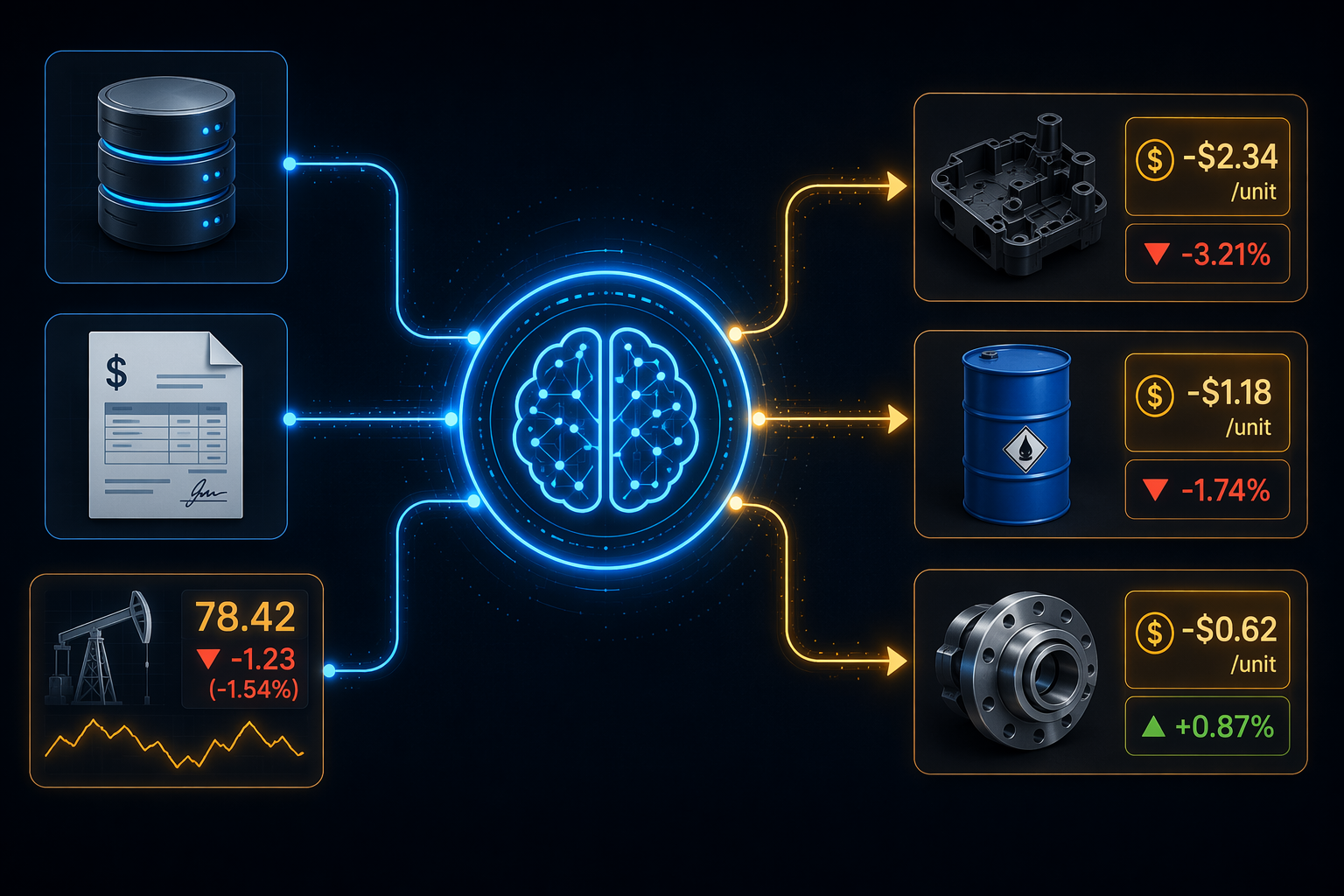 ERP, supplier invoice, and commodity ticker data feeding an AI engine that outputs product margin impacts