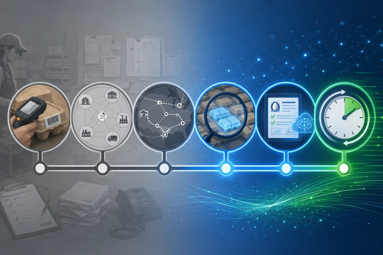 Six-step connected traceability workflow from scanning and data linking to narrowed recall scope and rapid response