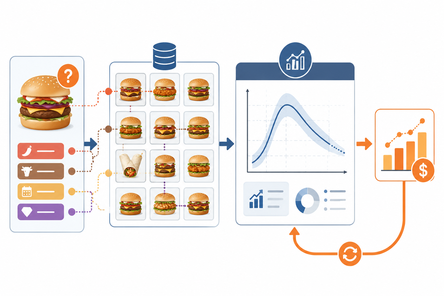 Workflow diagram showing a new menu item matched to past items, converted into a forecast, and updated with early sales feedback