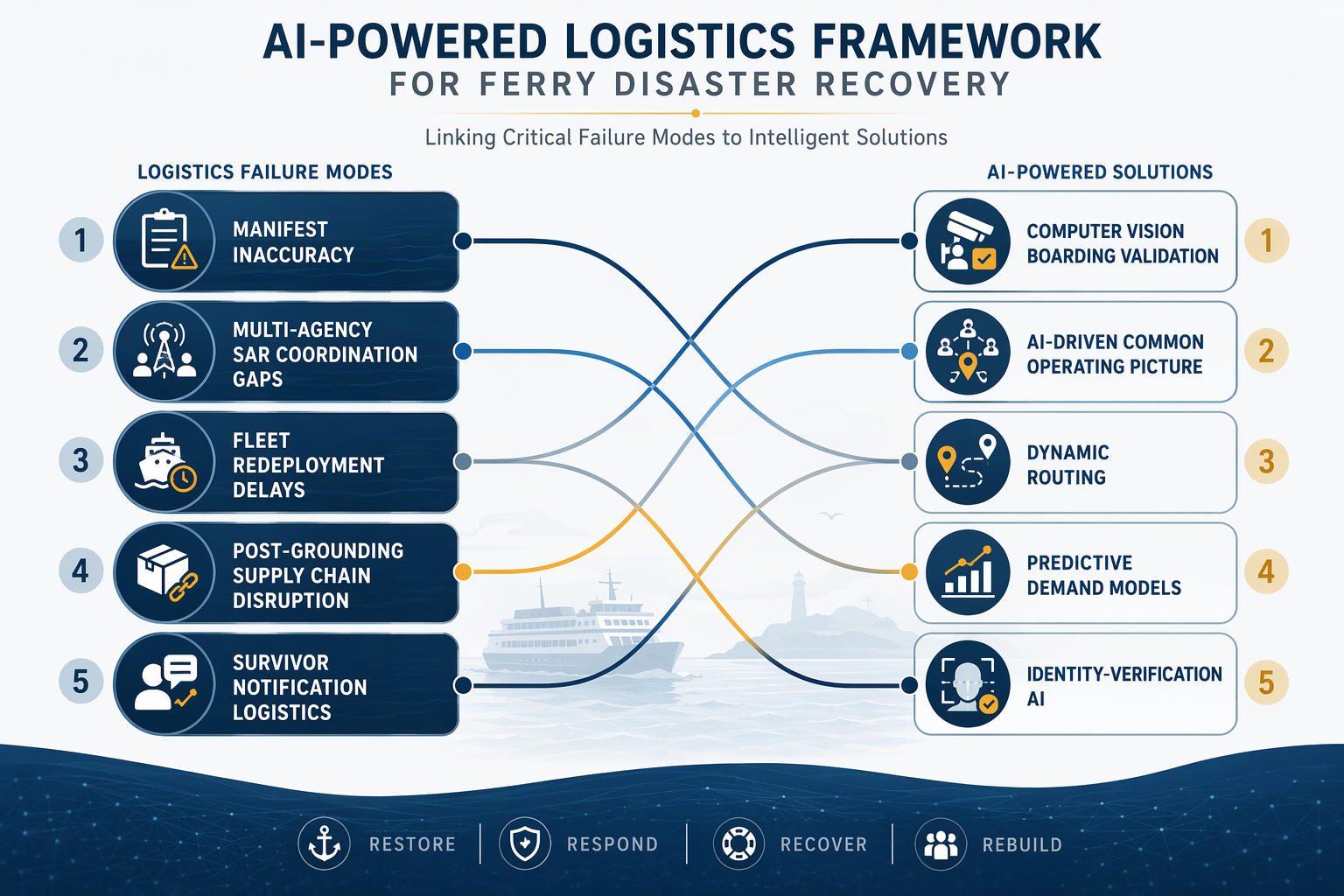 Framework diagram connecting five ferry disaster logistics failure modes to corresponding AI solution blocks