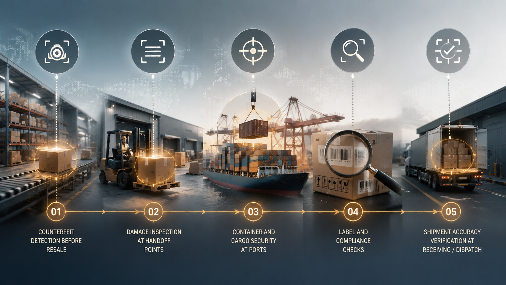 Supply chain flow illustration showing five AI image verification inspection touchpoints across warehouse, port, and transport movement