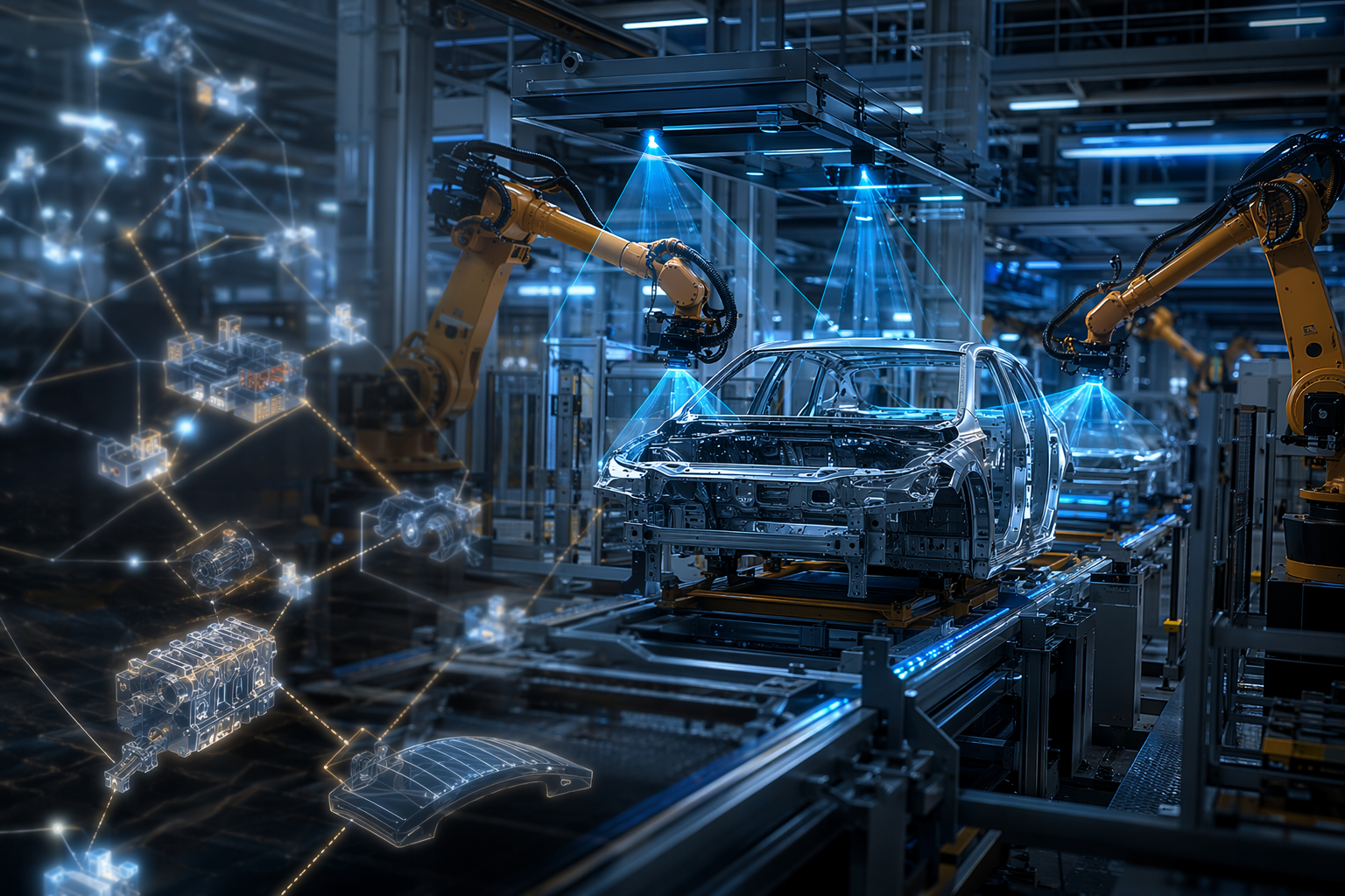 Automotive assembly line with AI camera systems scanning a vehicle while supply chain nodes sit outside the cameras field of view