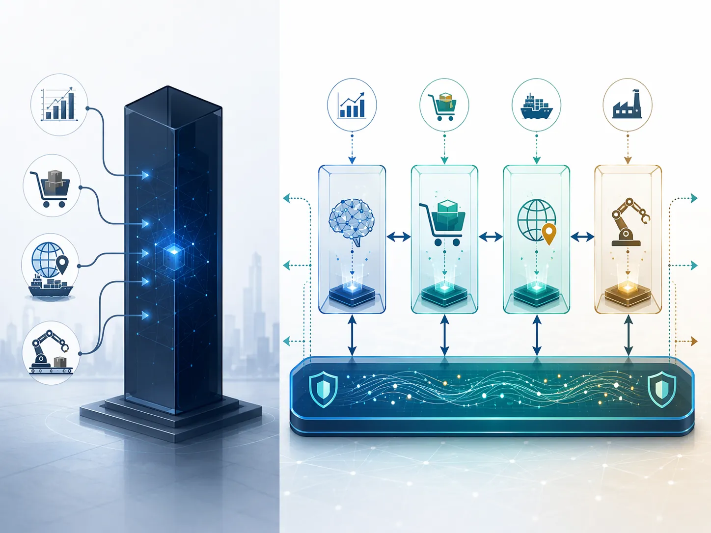 Comparison of monolithic supply chain AI and multi-agent architecture on a vendor-neutral data layer