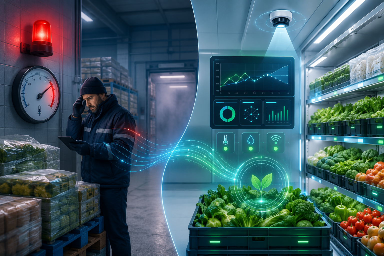 Reactive cold chain alarm contrasted with AI-powered predictive cold chain monitoring
