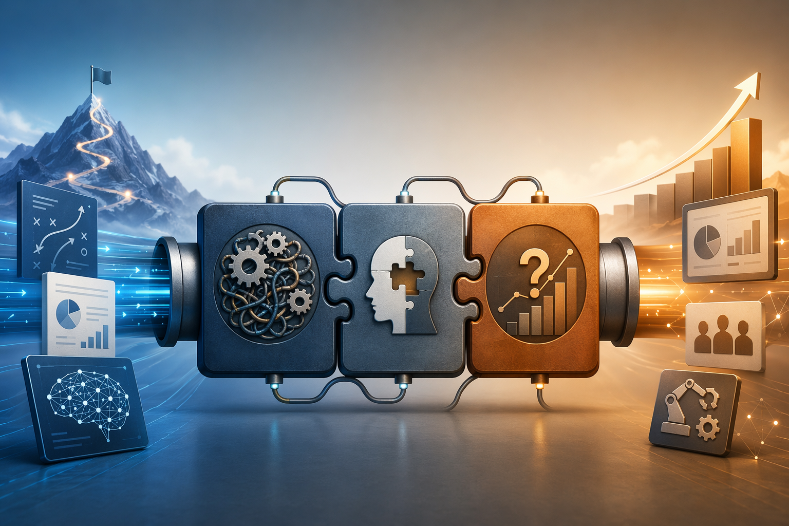Integration complexity, lack of expertise, and unclear ROI shown as bottleneck blocks in a logistics AI value pipeline