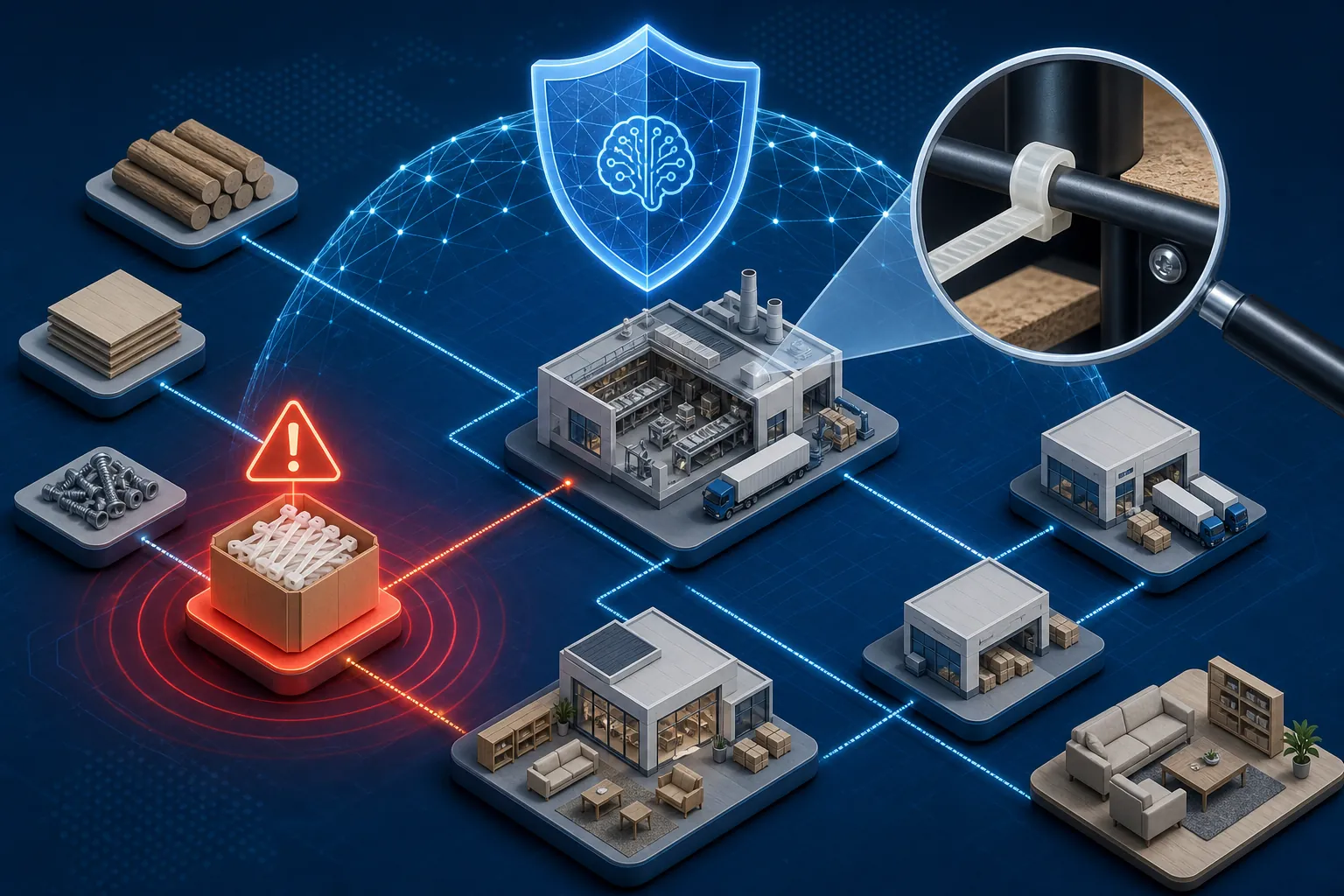 Furniture supply chain network with an anomaly alert on one supplier node and a magnified plastic component