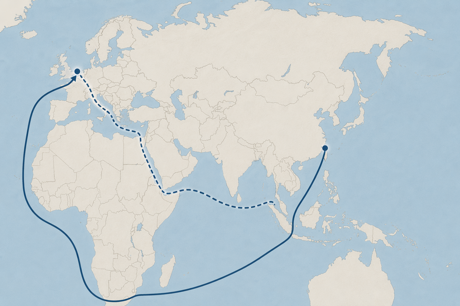 Map comparing the Suez Canal route with the longer Cape of Good Hope shipping route
