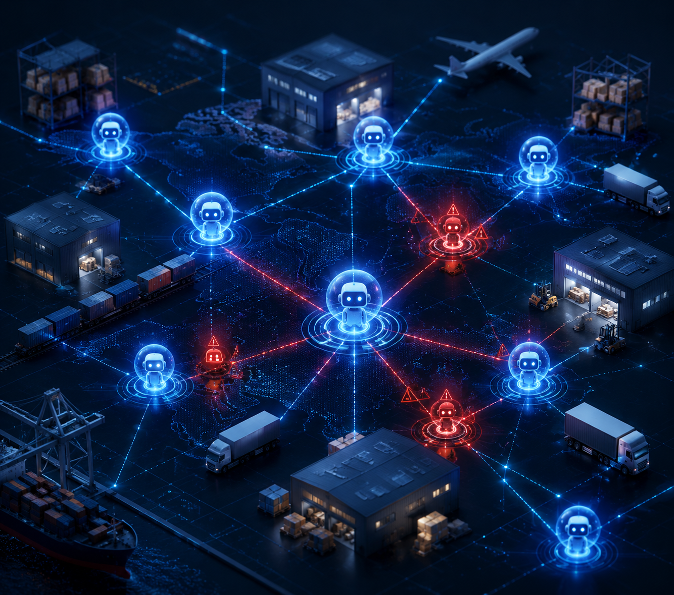 Interconnected AI agent nodes moving through a supply chain landscape with warning cracks showing risk propagation