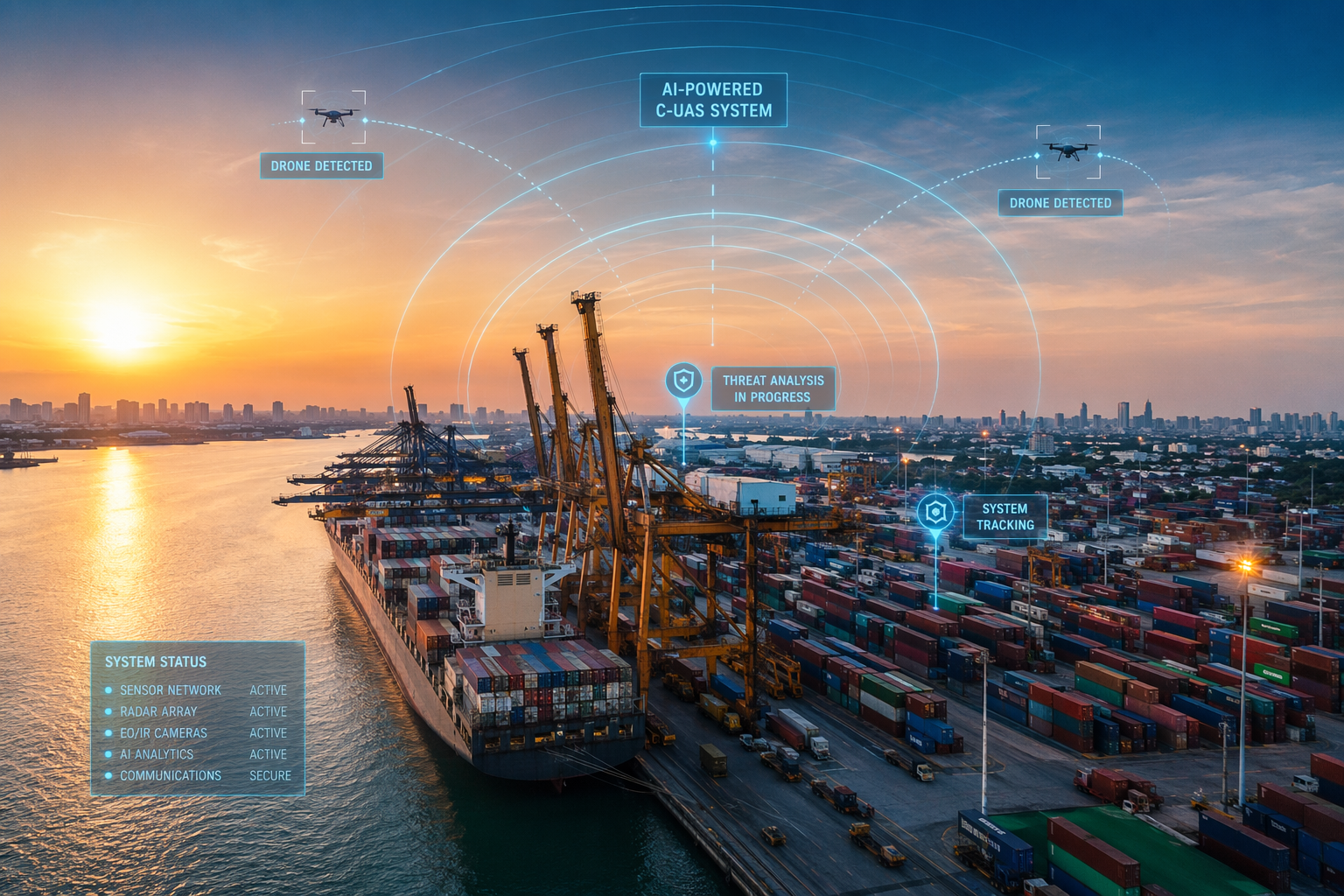 Aerial view of a commercial container port with digital sensor arcs and tracking markers showing AI-powered counter-drone surveillance