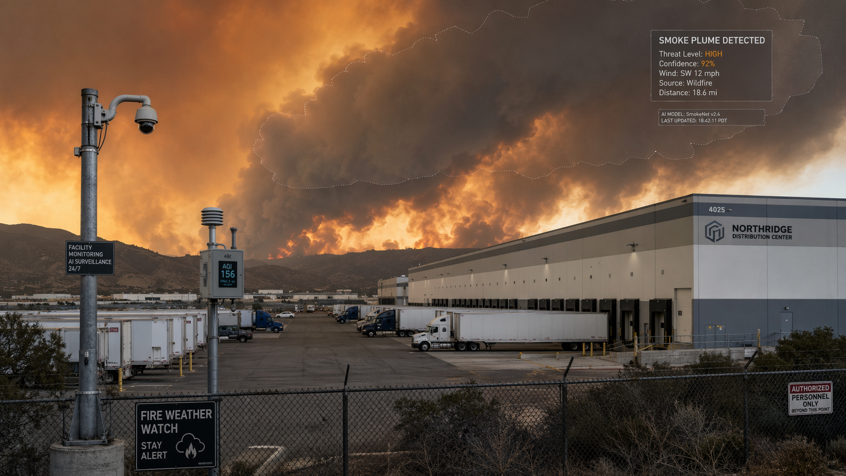 Warehouse loading dock under wildfire smoke with camera, environmental sensor, and smoke detection overlay