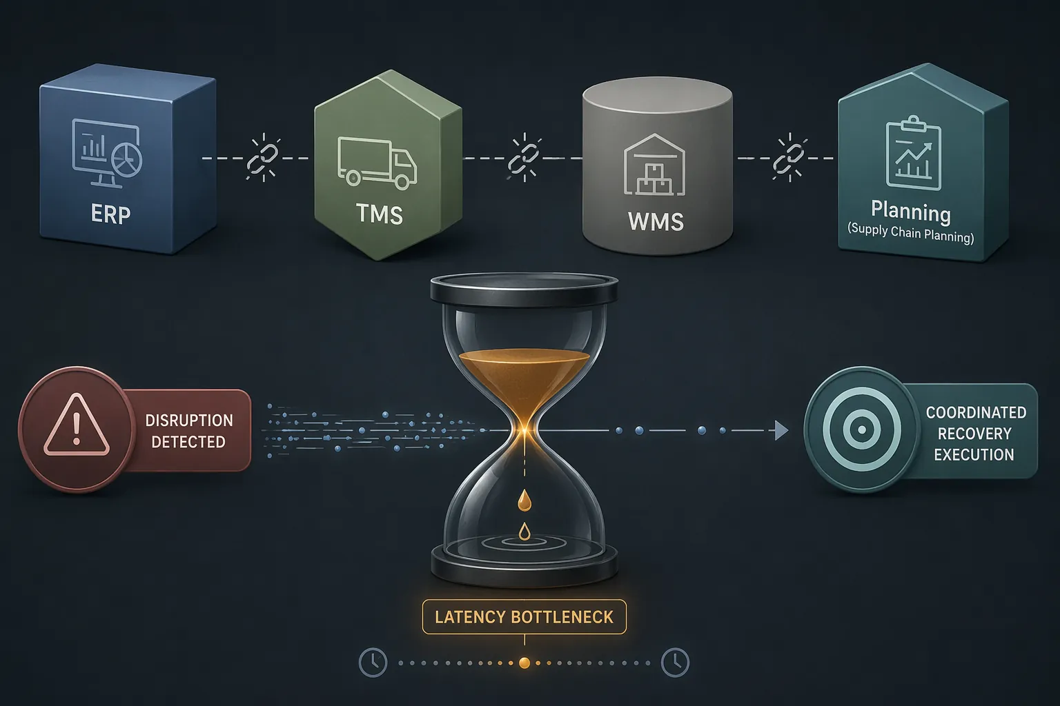 Fragmented ERP, TMS, WMS, and planning systems connected through a latency bottleneck between disruption detection and coordinated recovery