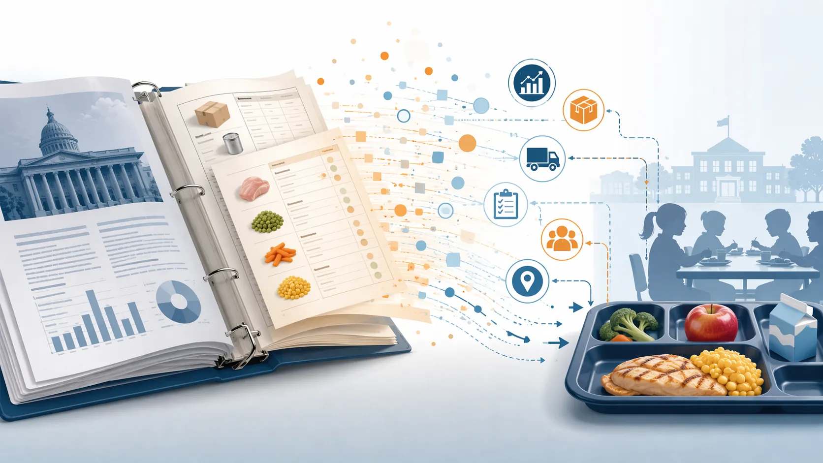USDA regulatory documents and supplier product specification sheets turning into organized digital data points over a school cafeteria tray silhouette