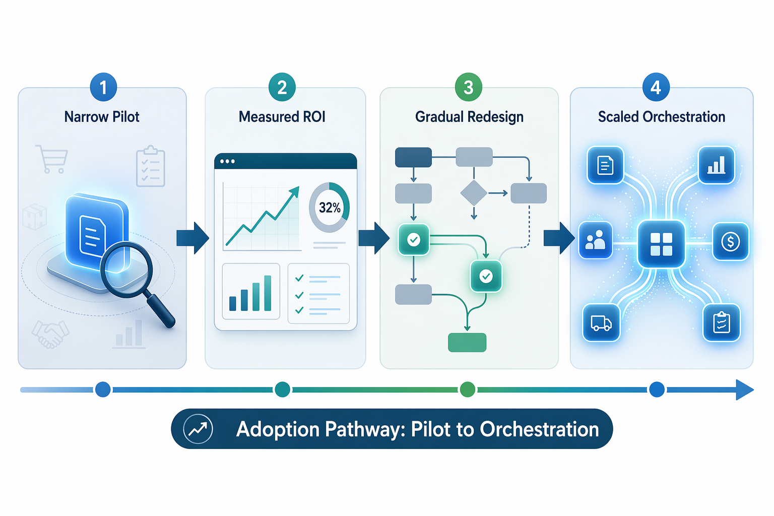 Horizontal four-step adoption pathway illustration: Step 1 'Narrow Pilot' with a glowing module and magnifying glass; Step 2 'Measured ROI' with a small dashboard and upward arrow; Step 3 'Gradual Redesign' with connected workflow nodes; Step 4 'Scaled Orchestration' with multiple coordinated glowing agent modules connected by flowing light lines.