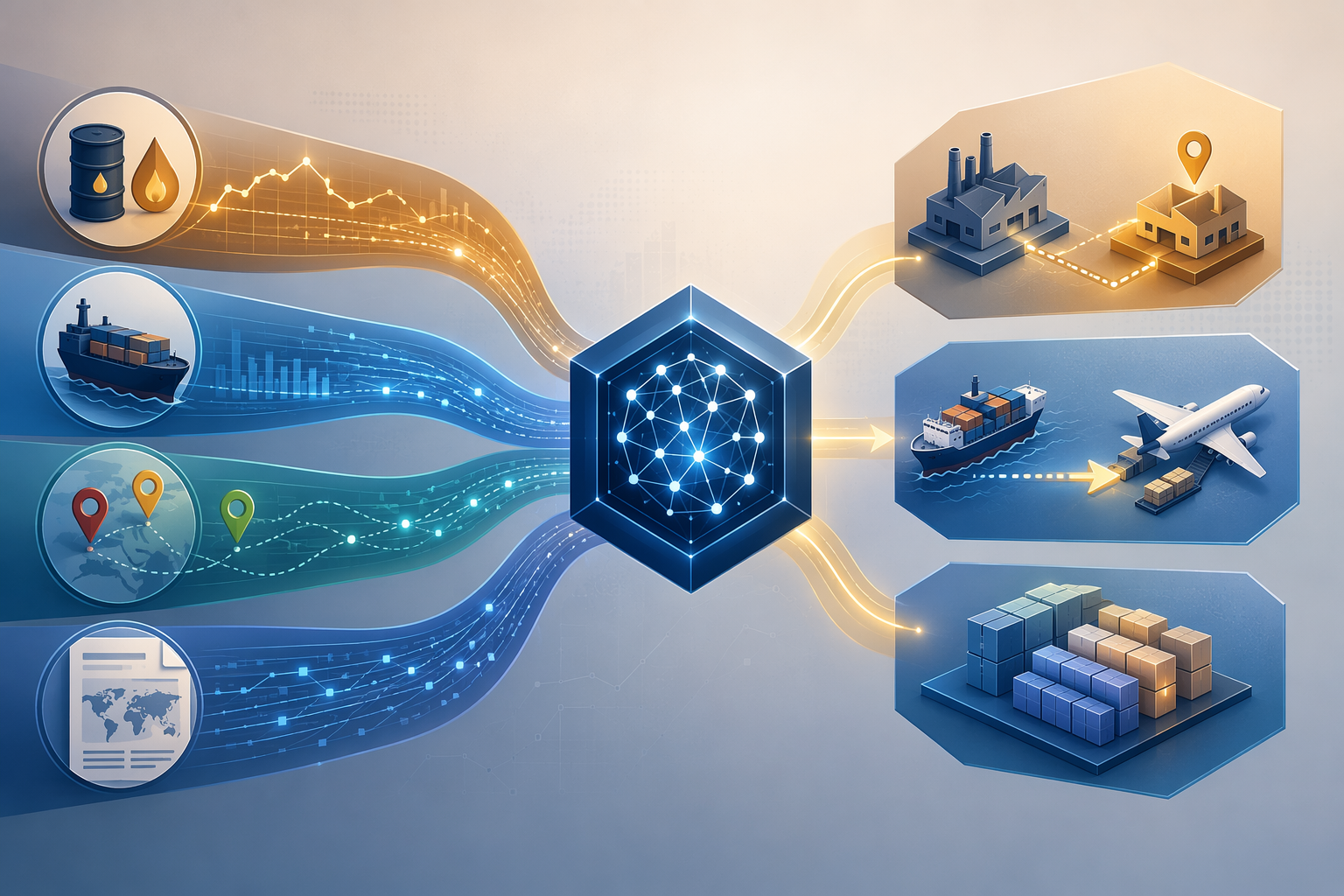AI scenario planning workflow with commodity prices, freight rates, route status, and geopolitical documents feeding supplier switch, modal shift, and inventory buffer scenarios