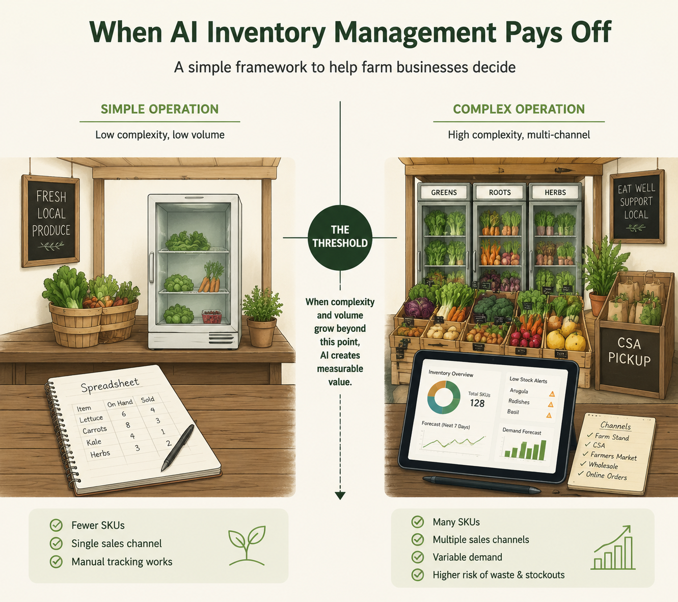 Editorial illustration comparing a simple single-cooler farm stand using a spreadsheet with a complex multi-channel farm stand using forecast charts