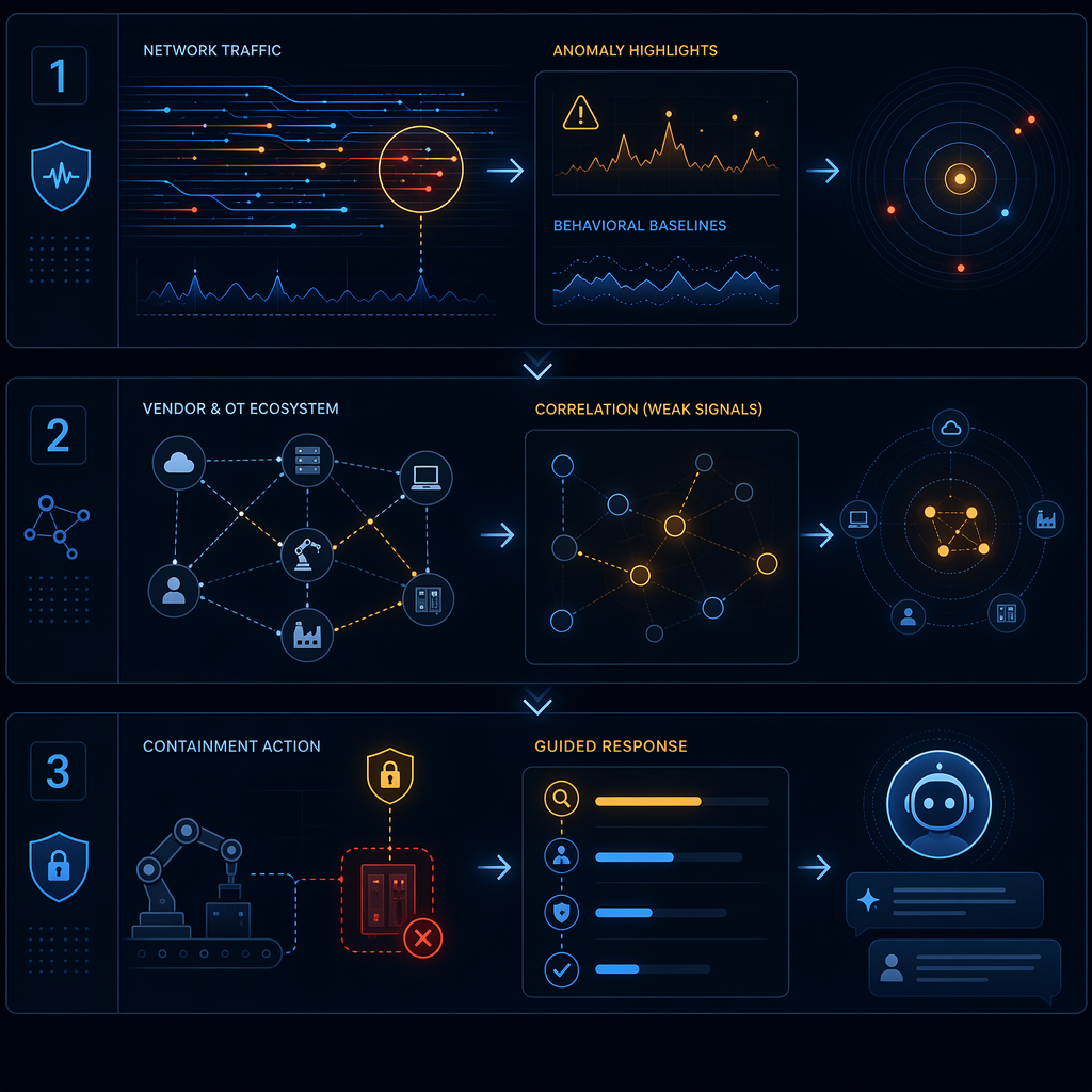 Three-layer sequential defense workflow showing anomaly detection, vendor-and-OT correlation, and containment action