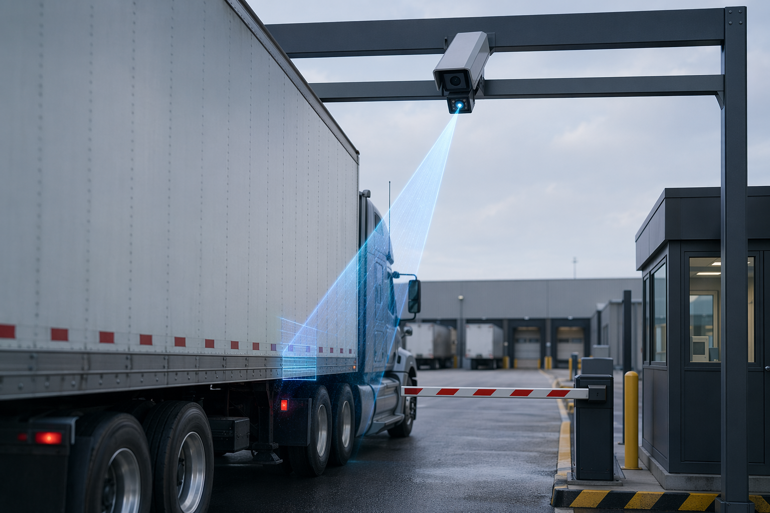 Truck trailer approaching an automated yard gate with an AI camera scanning the identifier area