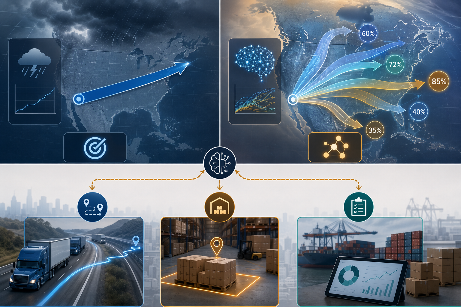 Comparison of deterministic forecasting with branching probabilistic AI forecasts tied to rerouting, inventory positioning, and procurement decisions