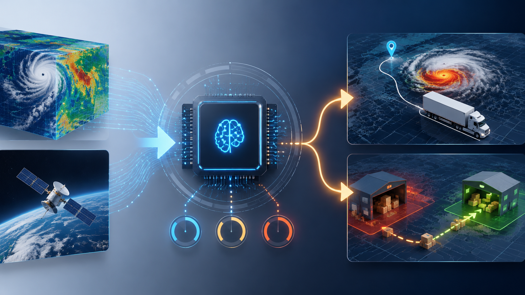 AI weather intelligence workflow from weather inputs to probability indicators, truck rerouting, and inventory repositioning