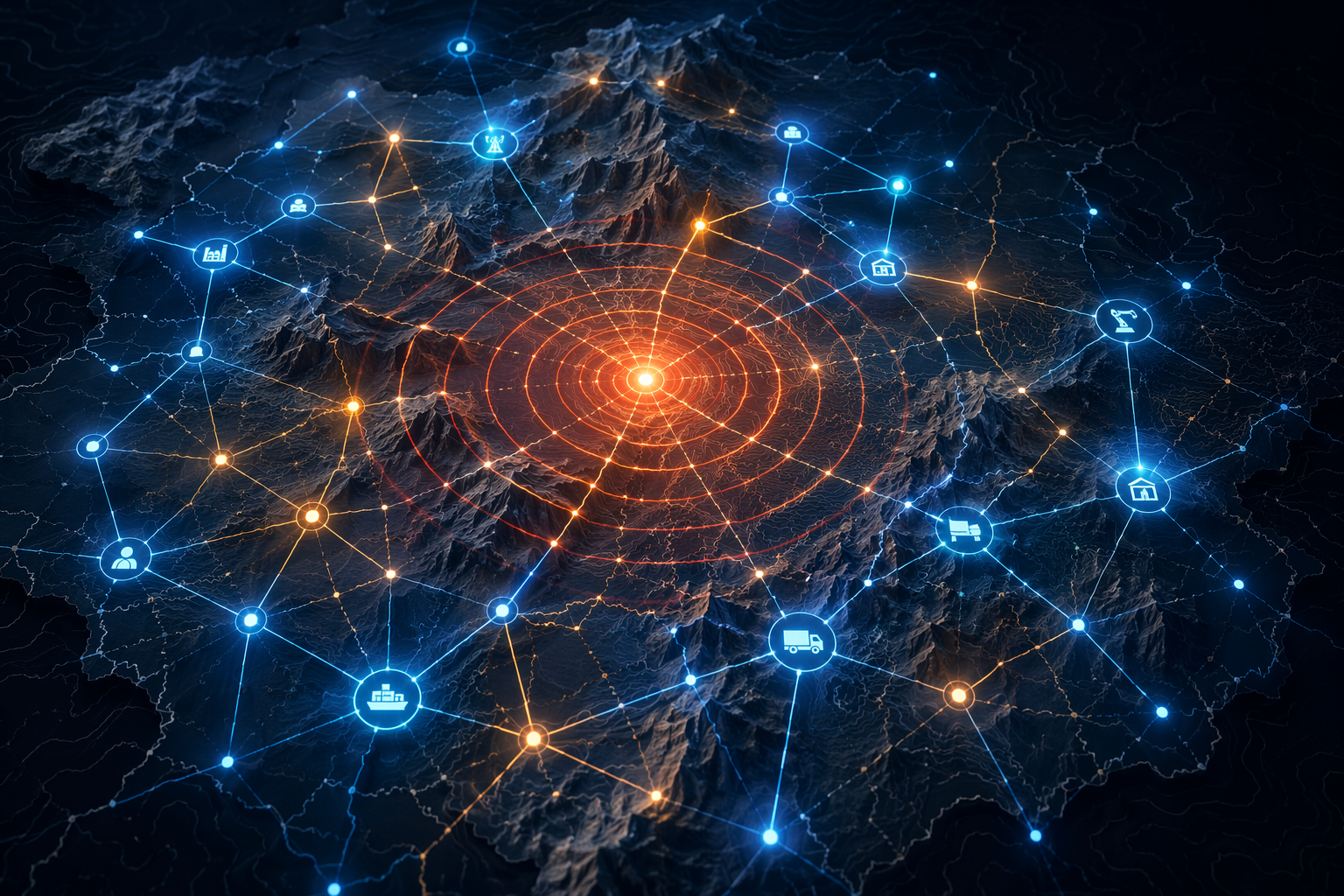 Digital knowledge graph over a terrain map with seismic waves radiating from an epicenter