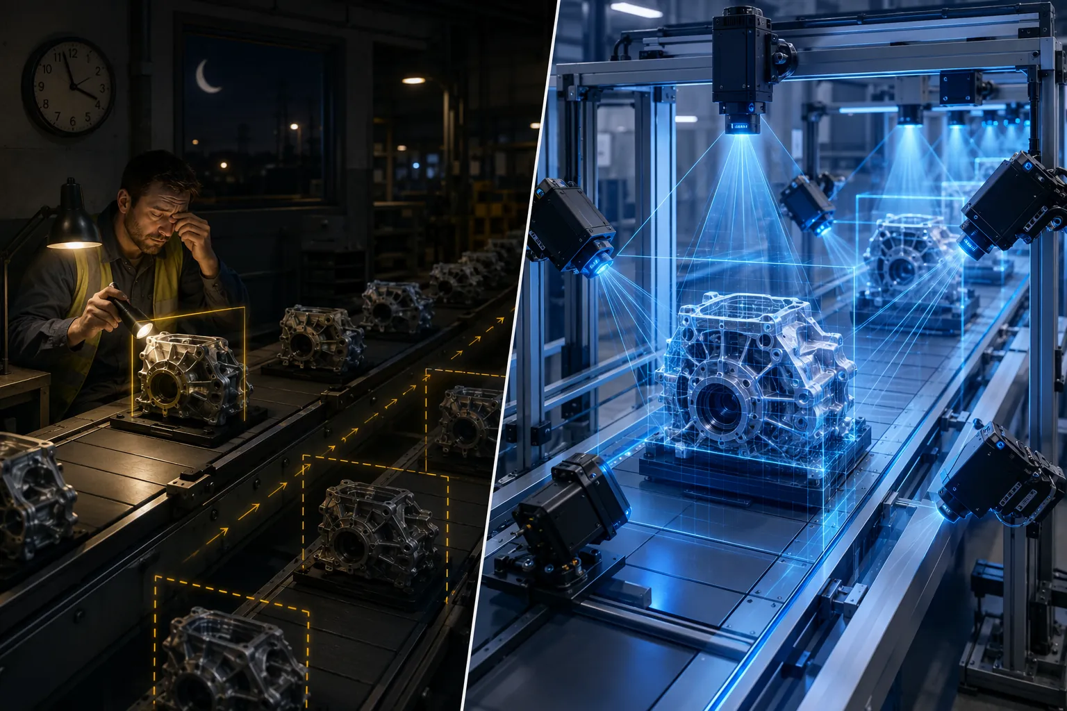Split view of manual inspection beside AI camera inspection on an automotive production line