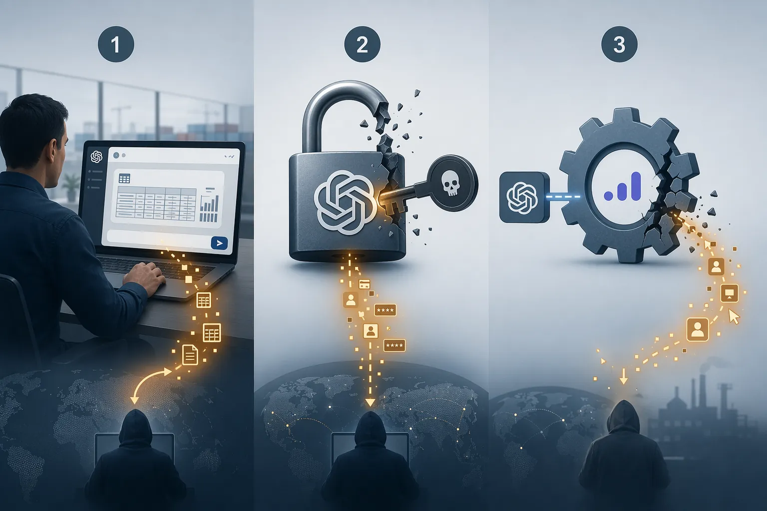 Three supply chain data leakage pathways showing an employee prompt, credential compromise, and third-party analytics vendor exposure