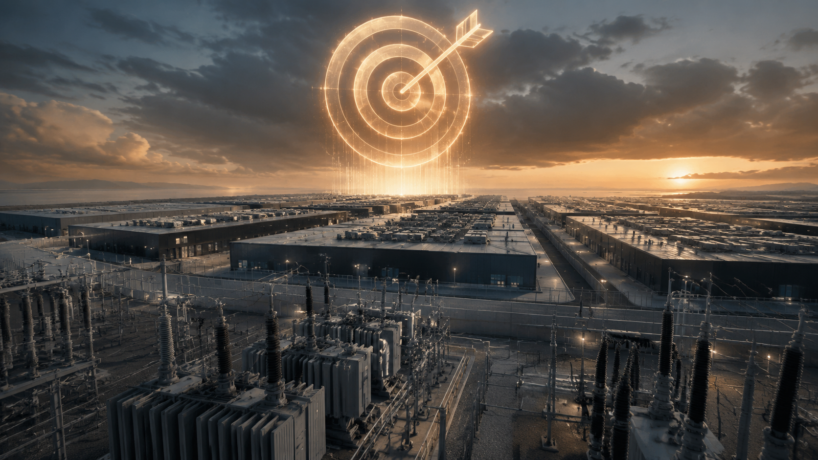 Electrical substation equipment and data center buildings set against an abstract revenue target