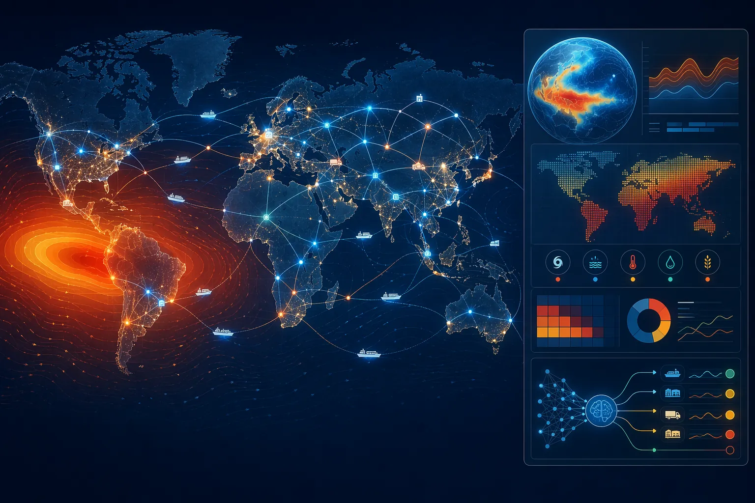 Global supply chain network with glowing route lines, climate anomaly signal, and analytical risk interface