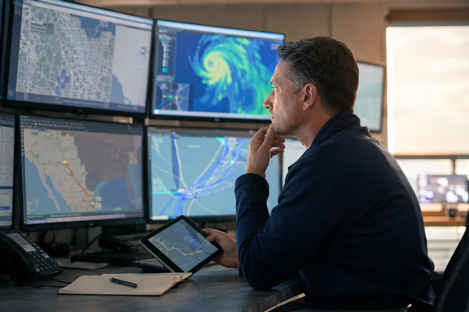 Dispatcher in a control room reviewing storm tracking data and AI route recommendations on multiple monitors