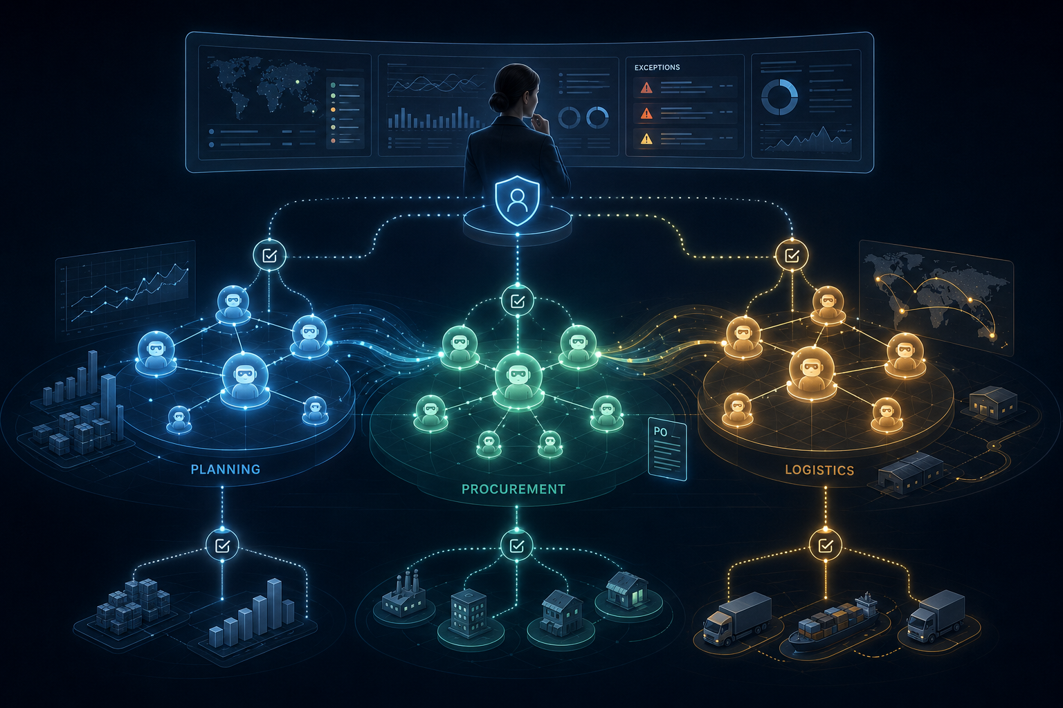 Multi-agent coordination across planning, procurement, and logistics with human oversight gates