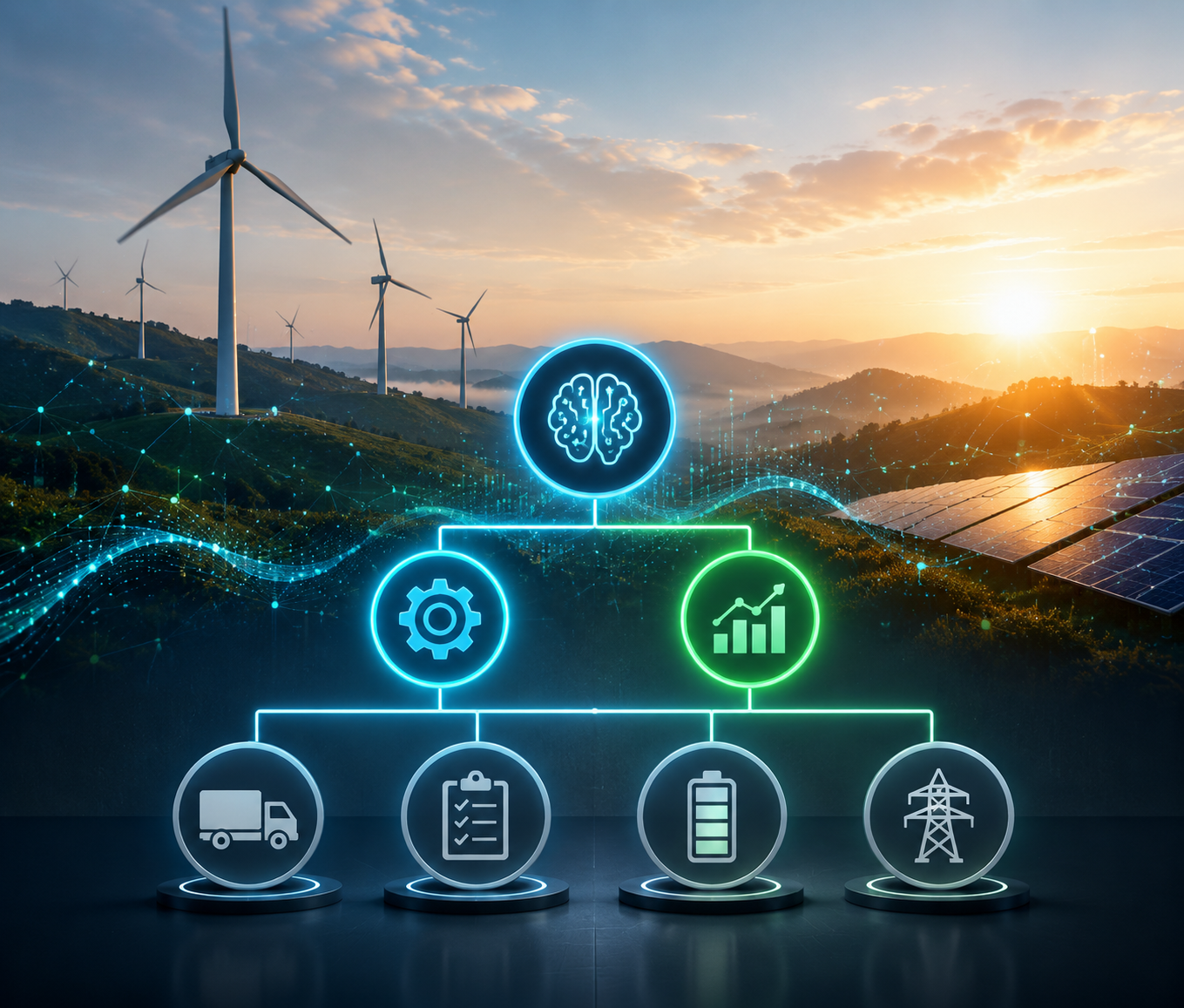 Priority tiers of AI use cases across renewable energy supply chains with wind turbines, solar panels, and connected data lines