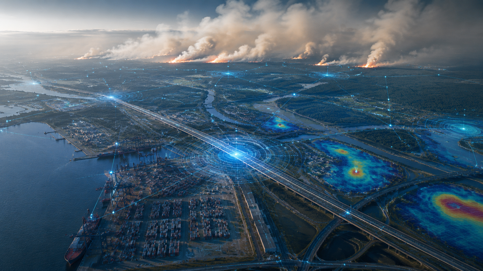 A logistics port and highway network under wildfire smoke haze with AI monitoring overlays