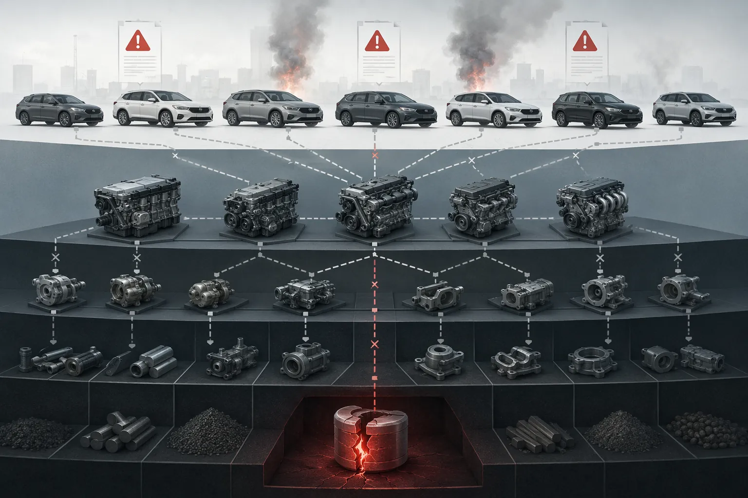 Multi-tier automotive supply chain illustration showing a Tier-2 machining defect cascading upward into recall notices