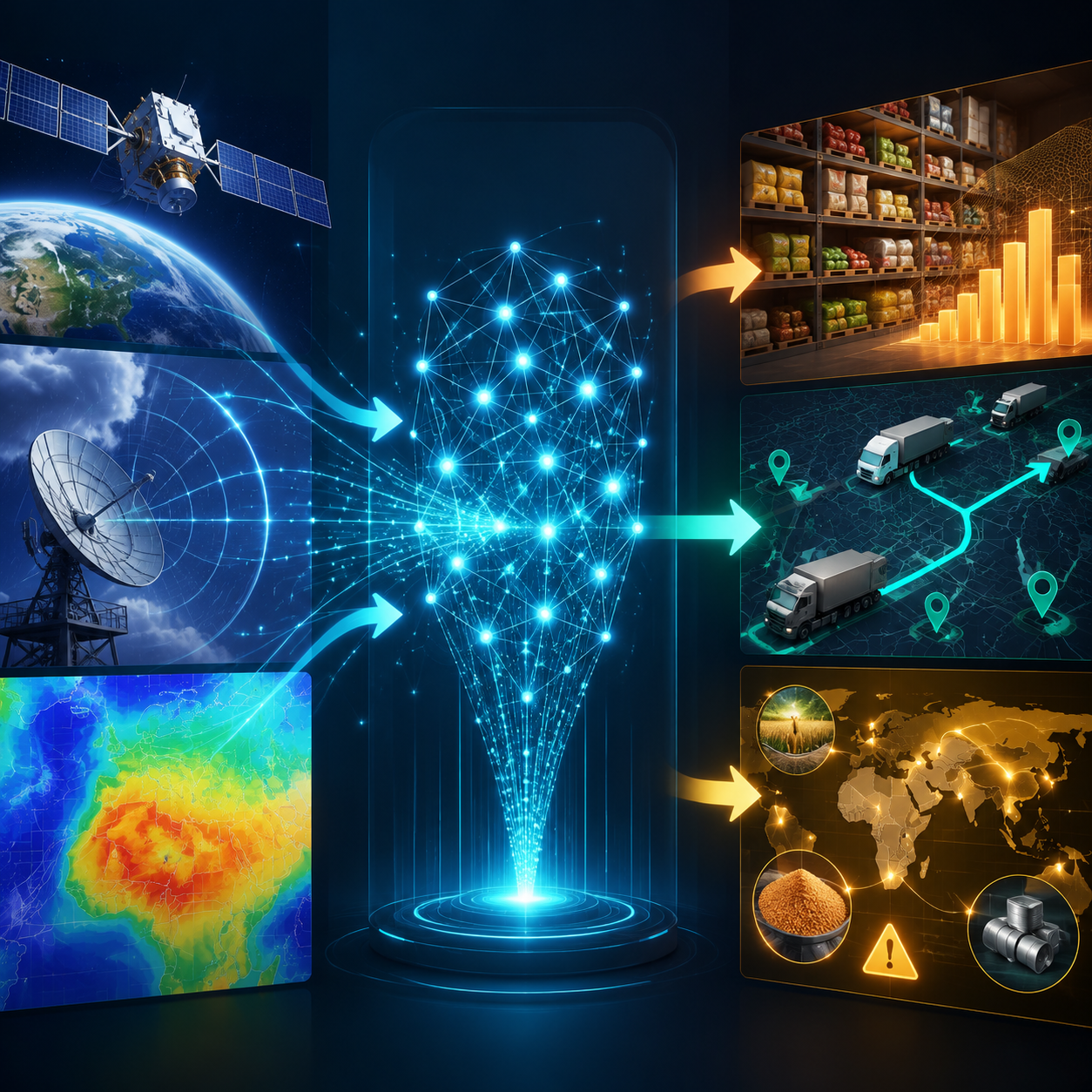 Weather data flowing through an AI processing layer into demand planning, logistics routing, and sourcing action zones