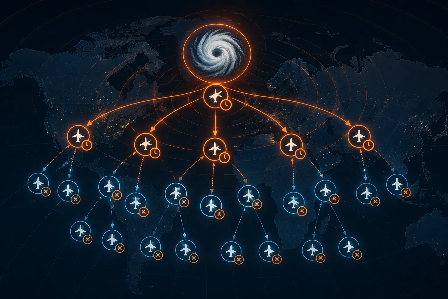 Network visualization showing one hurricane disruption triggering cascading aircraft delays across connected airports