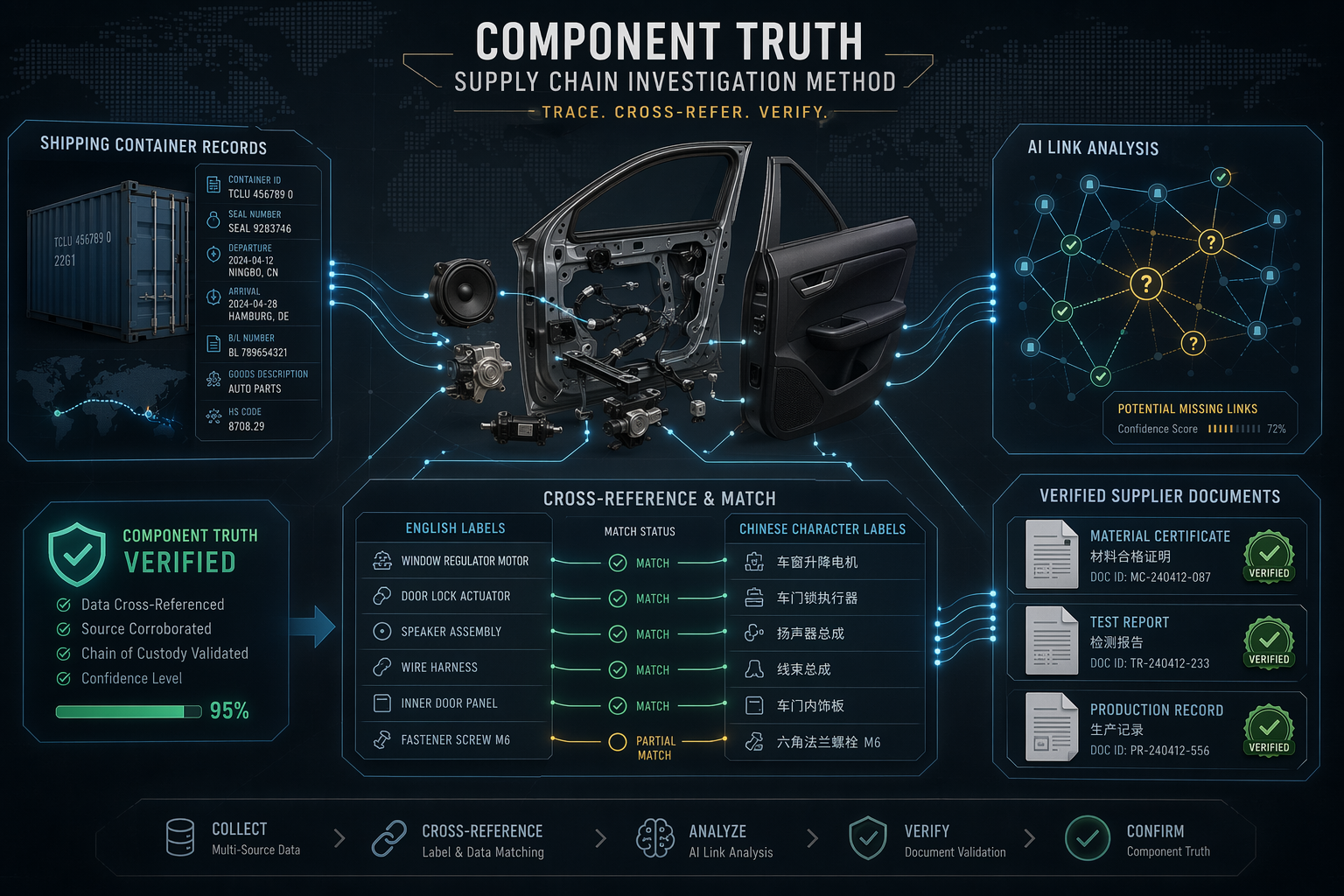 Disassembled automotive door panel linked to shipment records, AI-suggested connections, and supplier documents with English and Chinese name matching