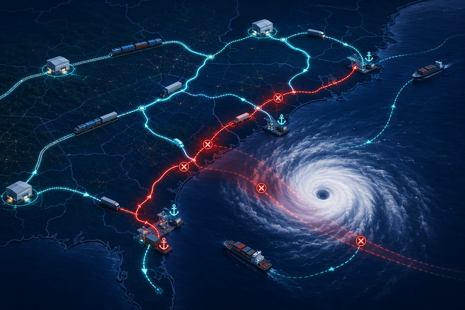 Coastal logistics map showing hurricane-disrupted routes and cyan alternate routes around the storm path