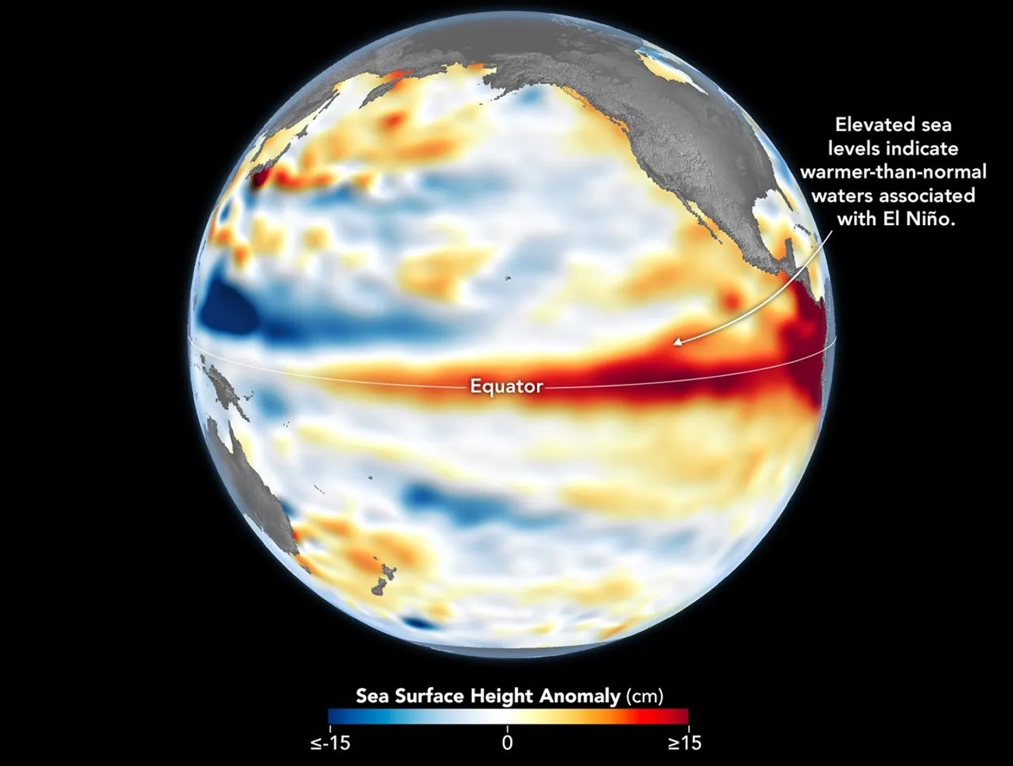 Satellite-derived sea surface temperature anomaly map of the Pacific Ocean showing warm anomalies across the central and eastern equatorial Pacific during the developing 2026 El Niño