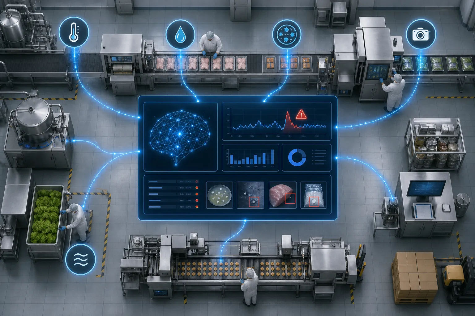 Food processing facility layout with sensors connected to a dashboard showing anomaly alerts