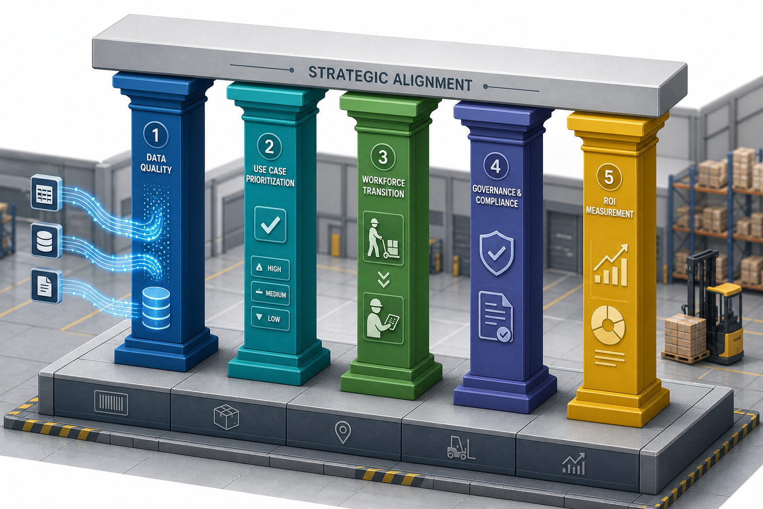 Isometric vector illustration of a five-pillar strategic framework for AI in warehouse management.