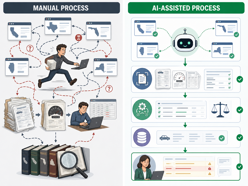 Manual fleet registration workflow compared with an AI-assisted registration process