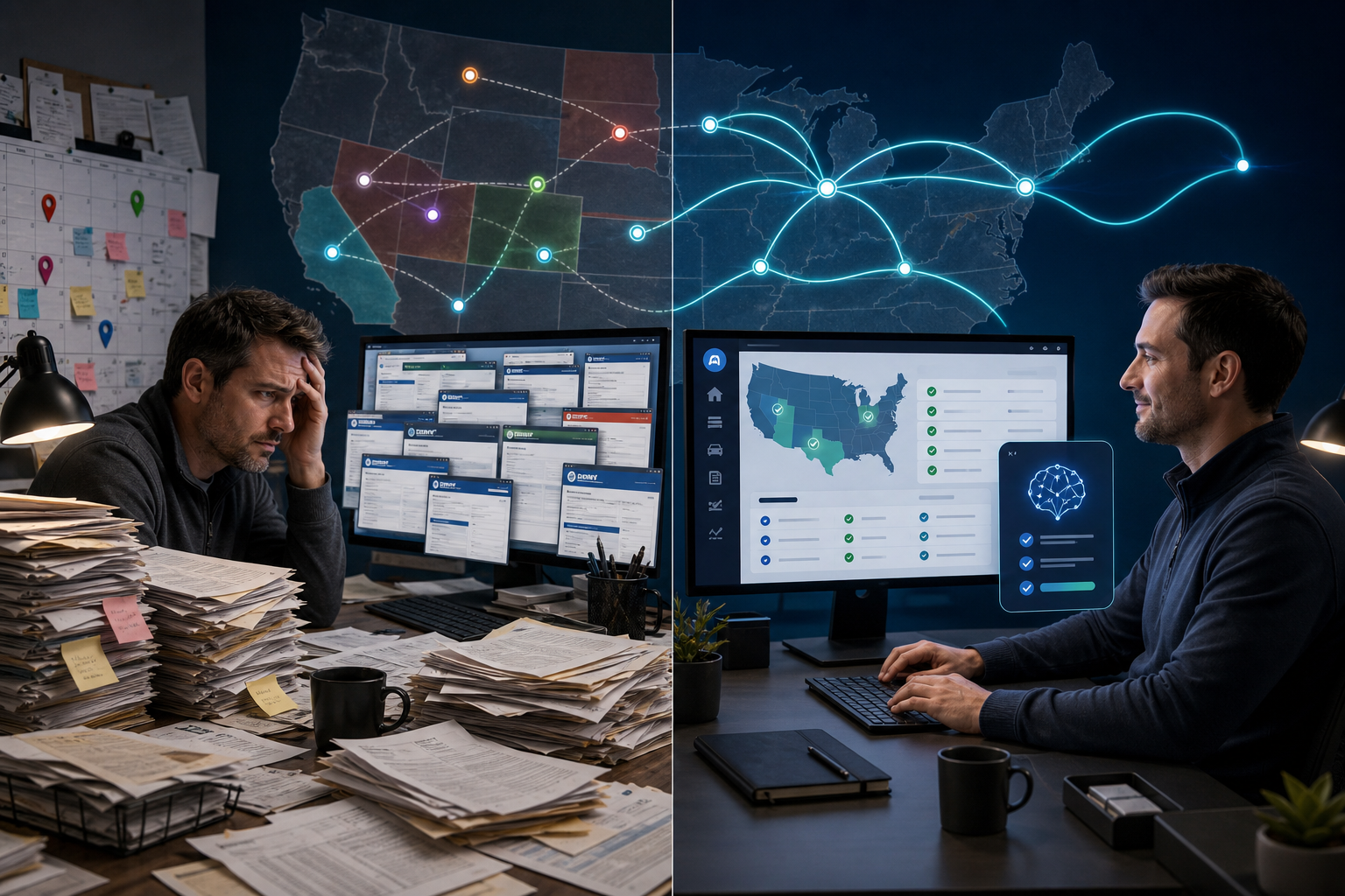 Cluttered fleet registration operations desk transforming into an AI-assisted registration dashboard