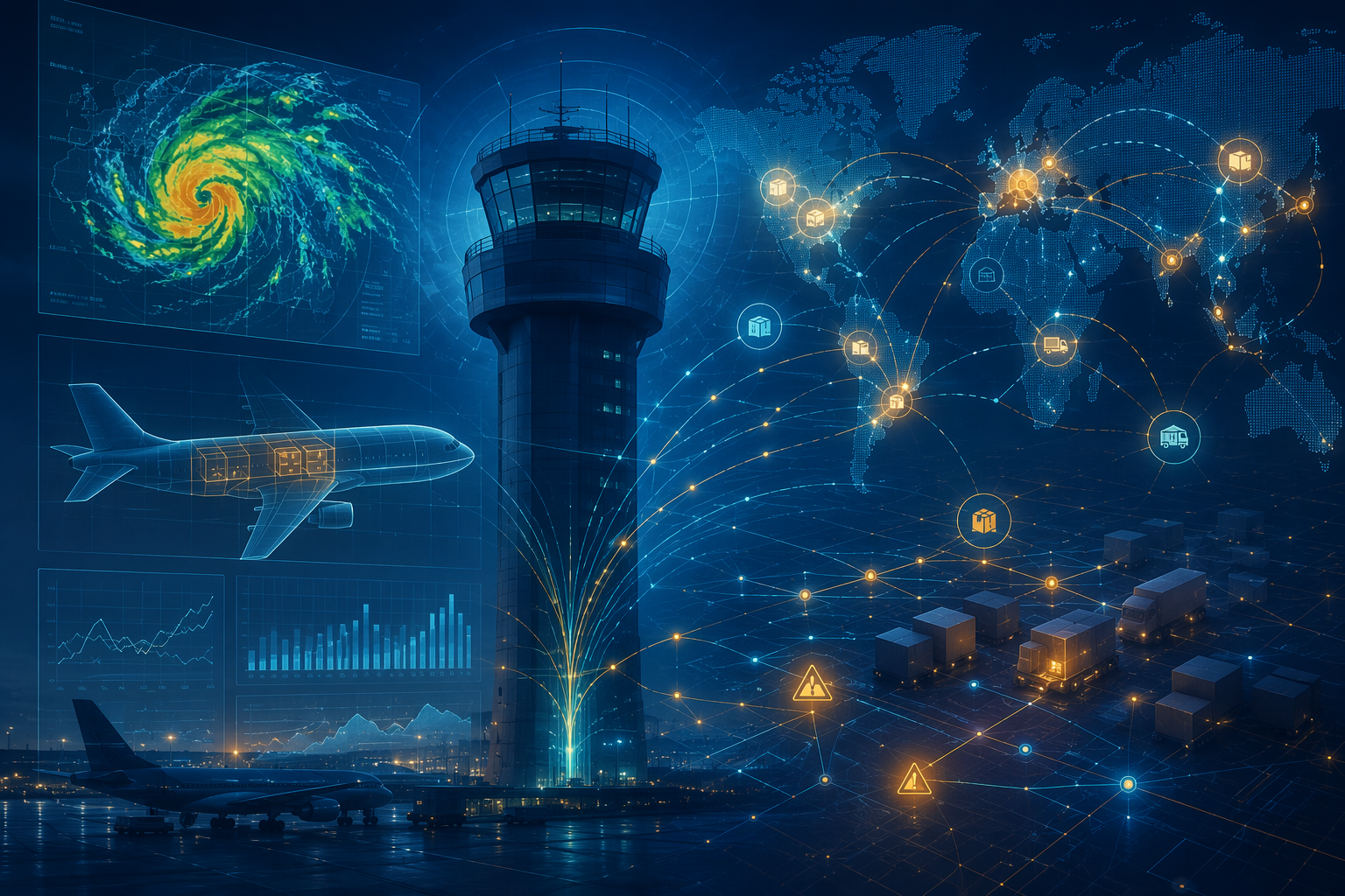 Air traffic control tower with weather, cargo aircraft, and inventory network data panels
