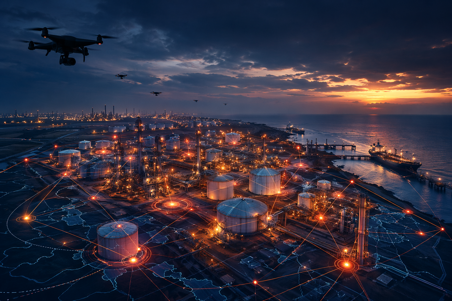Aerial view of an oil refinery and port terminal complex with drone silhouettes and a glowing infrastructure risk map overlay