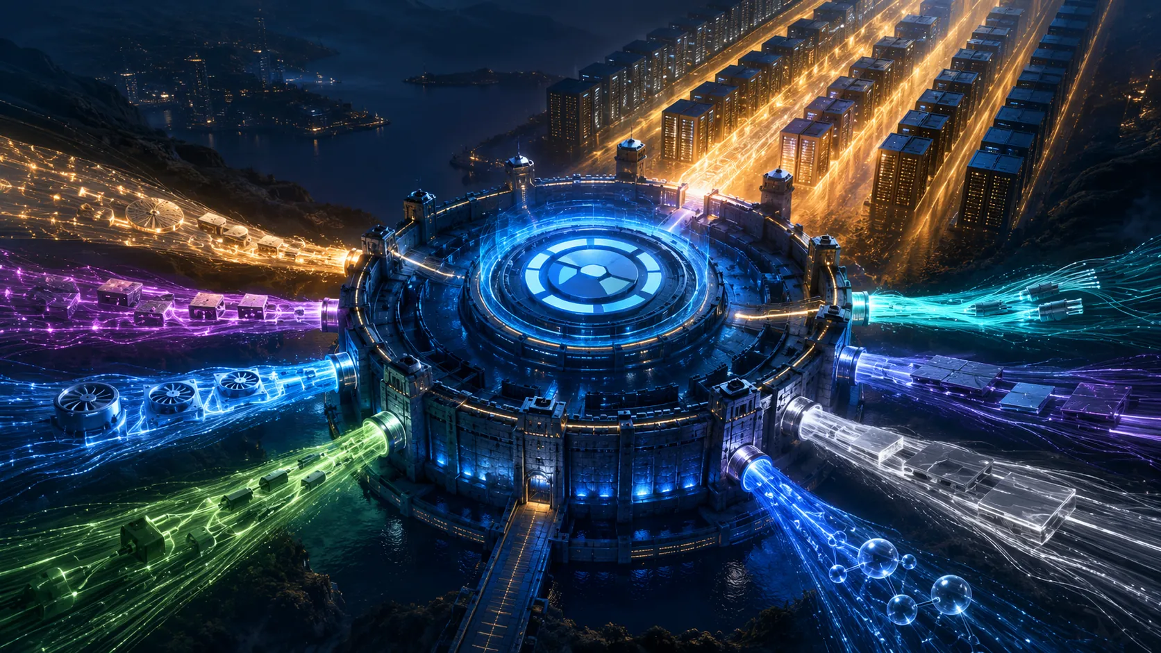 Glowing fortress-like supply chain structure receiving eight material streams and outputting AI server racks