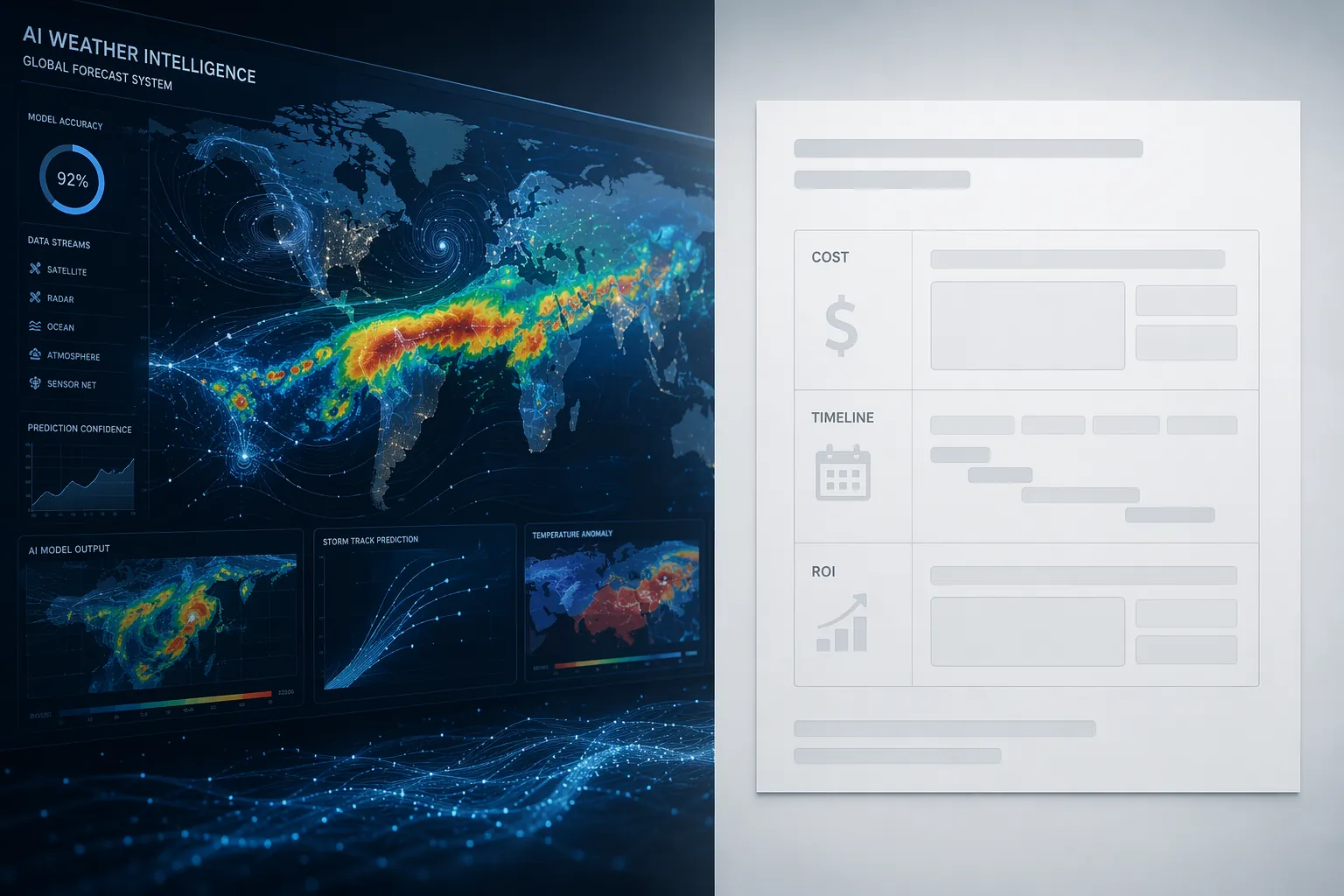 AI weather forecasting dashboard contrasted with missing procurement evidence fields