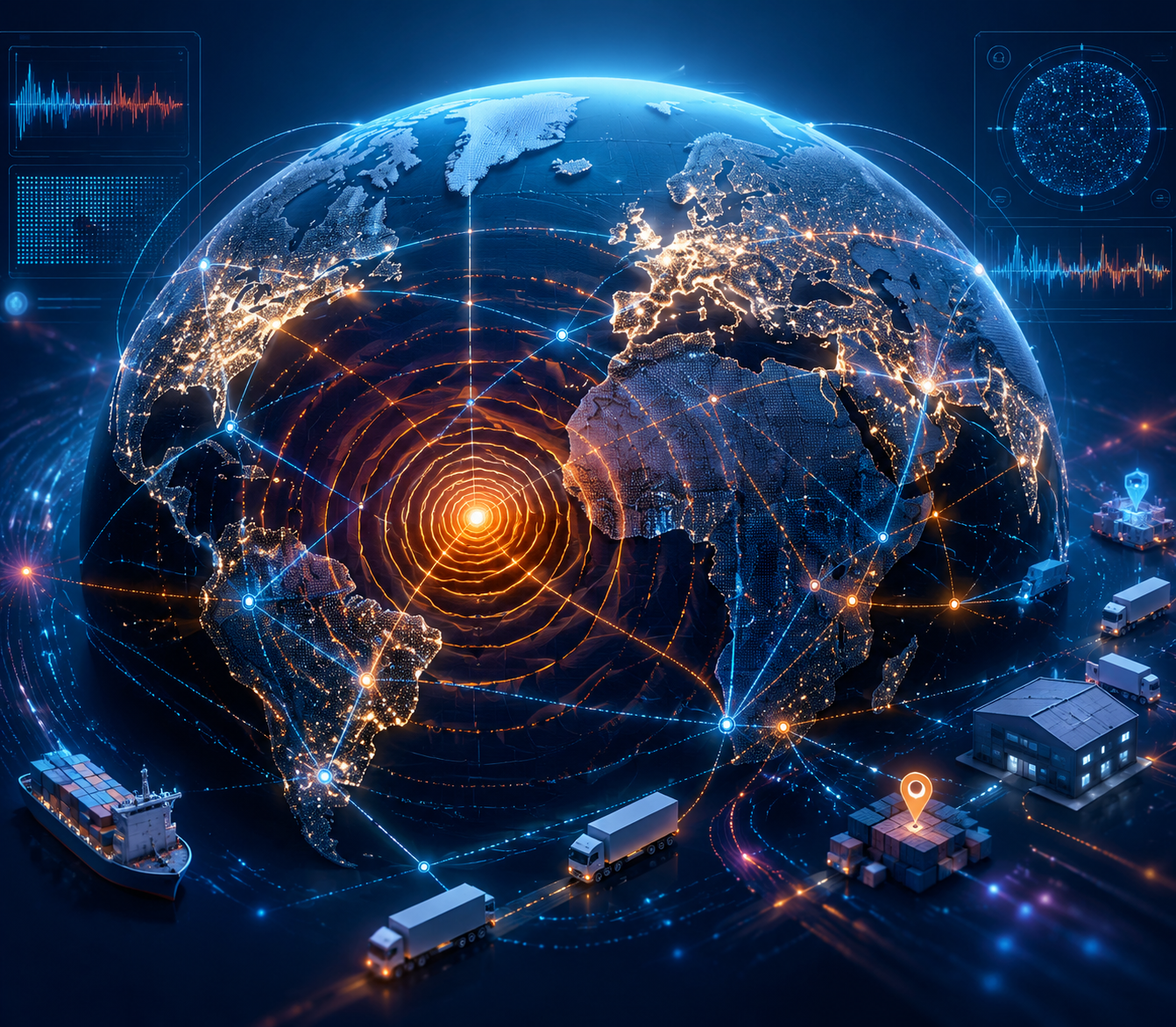 Globe with seismic waves intersecting connected supply chain nodes and AI monitoring interface elements