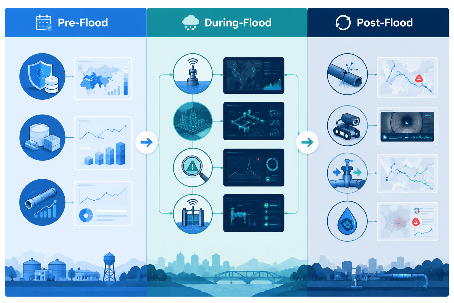 Before-during-after framework for AI-driven water supply chain flood resilience