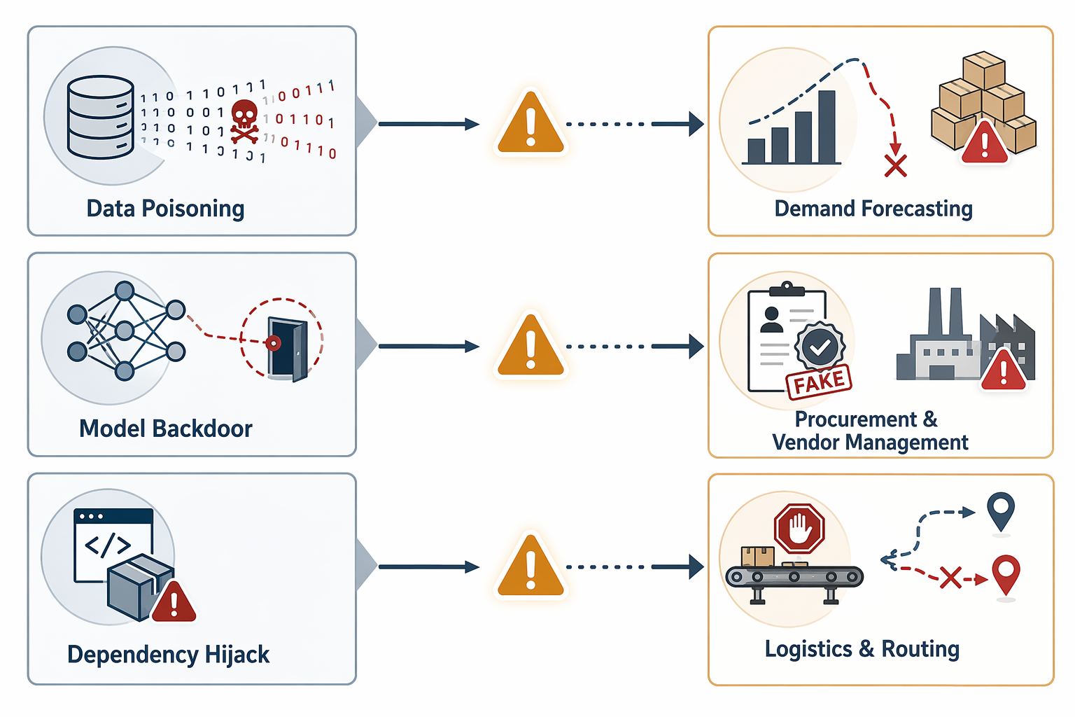 Infographic mapping data poisoning, model backdoor, and dependency hijack to supply chain failures